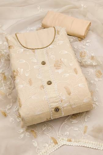 Off white color embroidered modal chanderi silk unstitched dress material