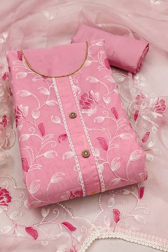 Pink color embroidered modal chanderi silk unstitched dress material