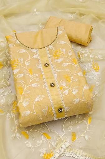 Yellow color embroidered modal chanderi silk unstitched dress material