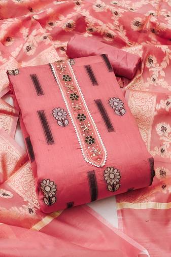 Peach color weaving banarasi chanderi silk unstitched dress material