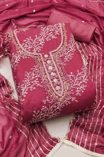 Pink color embroidered viscos organja unstitched dress material