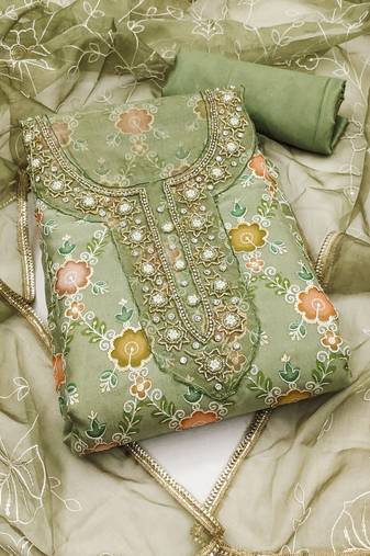 Green color embroidered viscos organja unstitched dress material