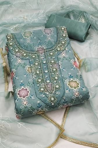 Teal color embroidered viscos organja unstitched dress material