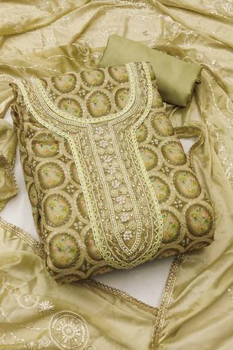 Olive color embroidered viscos organja unstitched dress material