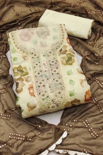 Yellow color embroidered viscos organja unstitched dress material