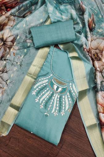 Sea green color hand work roman silk unstitched dress material