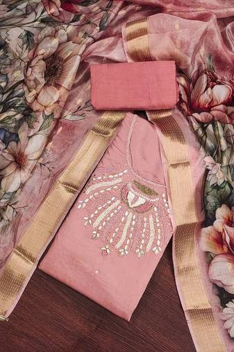 Peach color hand work roman silk unstitched dress material