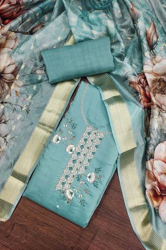 Sea green color hand work roman silk unstitched dress material