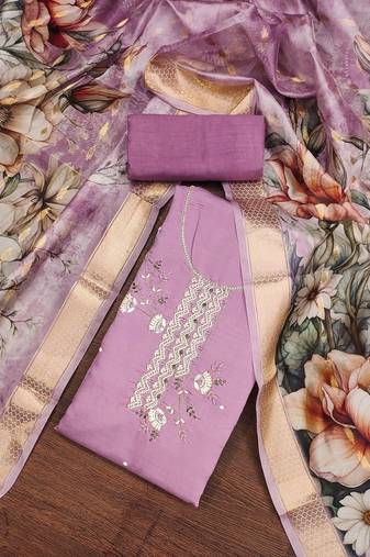 Purple color hand work roman silk unstitched dress material