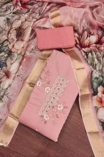 Peach color hand work roman silk unstitched dress material