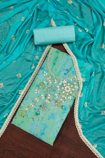 Sea green color hand work cembric cotton unstitched dress material