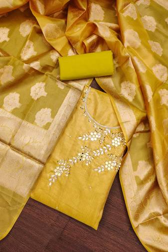 Yellow color hand work viscose unstitched dress material