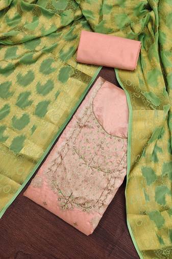 Peach color hand work banarasi unstitched dress material