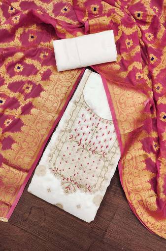White color hand work banarasi unstitched dress material