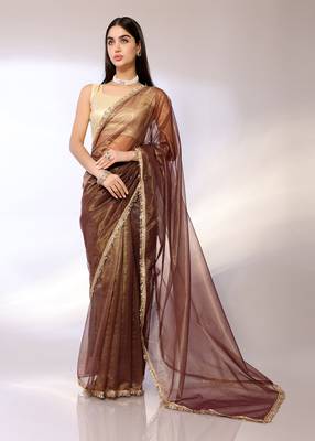 Brown Embroidered Twill Designer Saree With Blouse 1