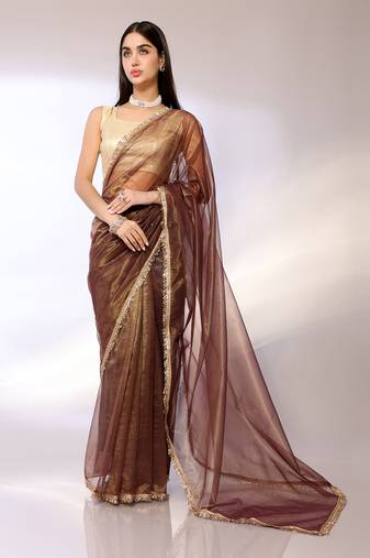 Brown Embroidered Twill Designer Saree With Blouse