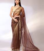 Brown Embroidered Twill Designer Saree With Blouse