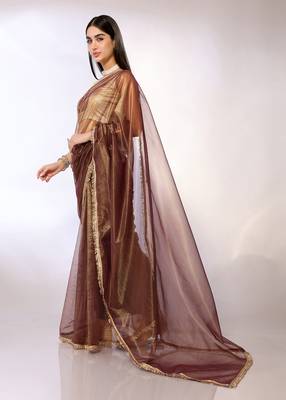 Brown Embroidered Twill Designer Saree With Blouse 2