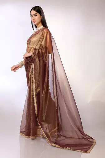 Brown Embroidered Twill Designer Saree With Blouse