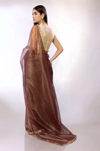 Brown Embroidered Twill Designer Saree With Blouse
