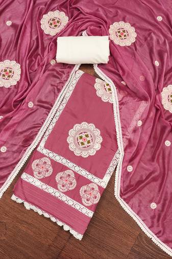 Pink color embroidered roman silk unstitched dress material