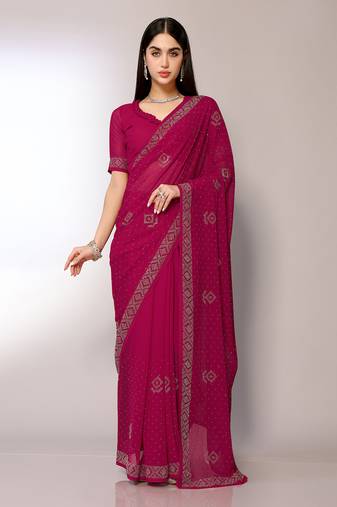 Pink Embroidered Georgette Designer Saree With Blouse