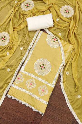 Yellow color embroidered roman silk unstitched dress material