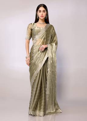 Green Embroidered Chiffon Designer Saree With Blouse 1