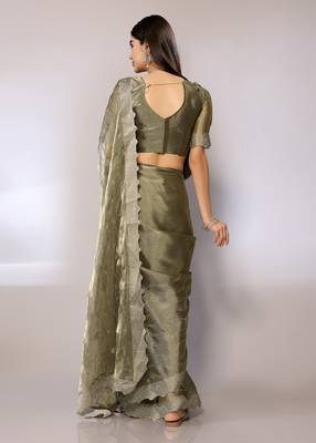Green Embroidered Chiffon Designer Saree With Blouse 2