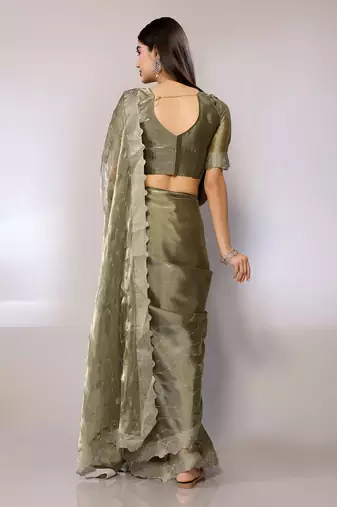 Green Embroidered Chiffon Designer Saree With Blouse