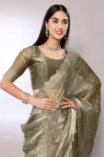 Green Embroidered Chiffon Designer Saree With Blouse