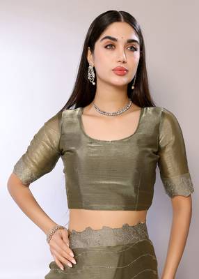 Green Embroidered Chiffon Designer Saree With Blouse 4