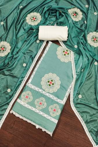 Sea green color embroidered roman silk unstitched dress material