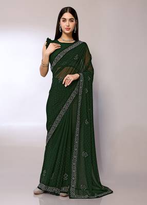 Green Embroidered Georgette Designer Saree With Blouse 1