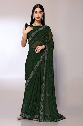 Green Embroidered Georgette Designer Saree With Blouse
