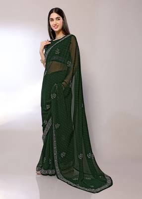 Green Embroidered Georgette Designer Saree With Blouse 2