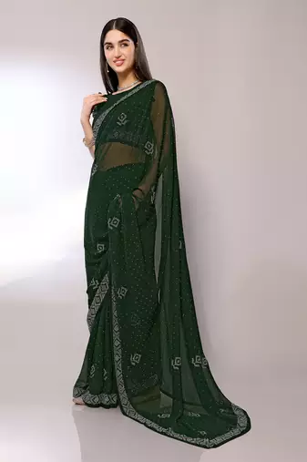 Green Embroidered Georgette Designer Saree With Blouse