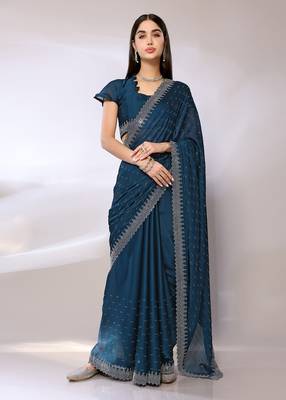 Teal Embroidered Satin Designer Saree With Blouse 1