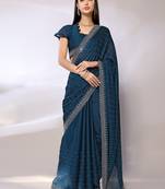 Teal Embroidered Satin Designer Saree With Blouse