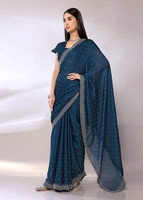Teal Embroidered Satin Designer Saree With Blouse 2