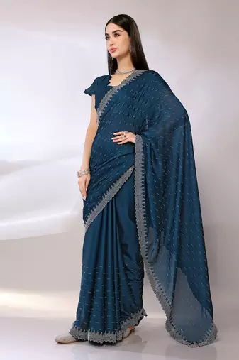Teal Embroidered Satin Designer Saree With Blouse