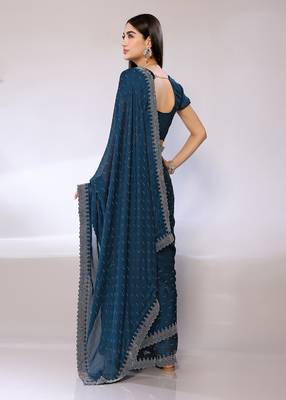Teal Embroidered Satin Designer Saree With Blouse 3