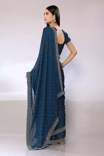 Teal Embroidered Satin Designer Saree With Blouse