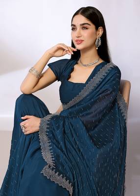 Teal Embroidered Satin Designer Saree With Blouse 4