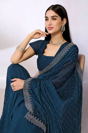 Teal Embroidered Satin Designer Saree With Blouse