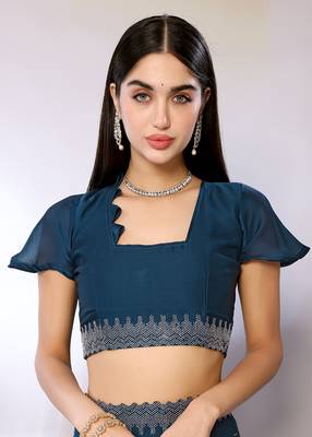 Teal Embroidered Satin Designer Saree With Blouse 5
