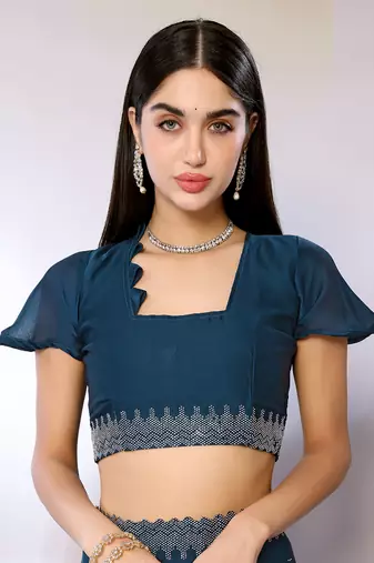 Teal Embroidered Satin Designer Saree With Blouse