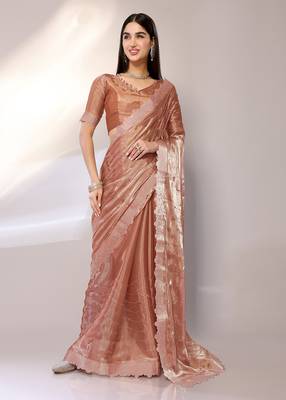 Orange Embroidered Chiffon Designer Saree With Blouse 2