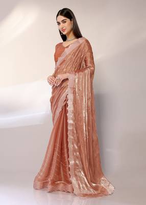 Orange Embroidered Chiffon Designer Saree With Blouse 3
