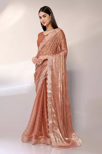 Orange Embroidered Chiffon Designer Saree With Blouse